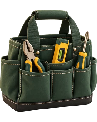 Bolsa verde com ferramentas organizadas em ilustração 3D.