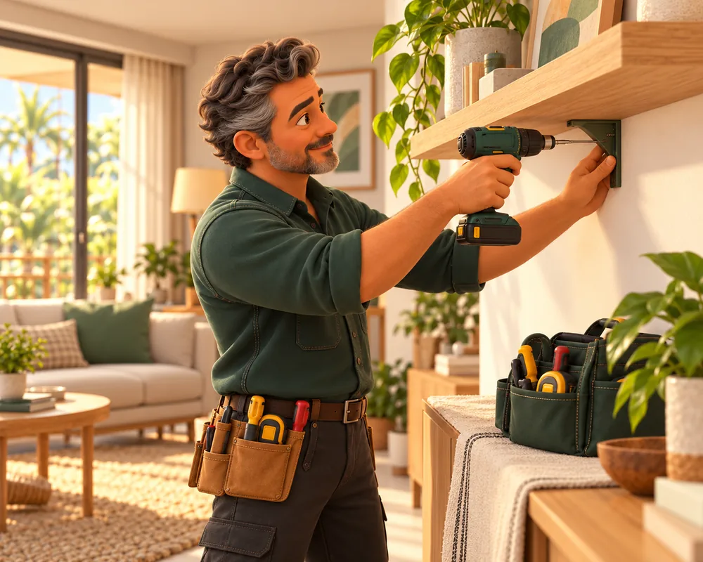 O mesmo profissional grisalho de uniforme verde, em animação 3D, instalando uma prateleira com cuidado.