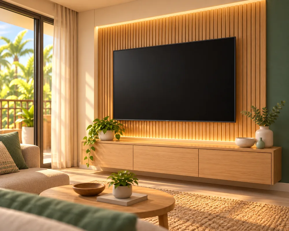 Cena 3D de painel de madeira com televisão e iluminação indireta instalada.