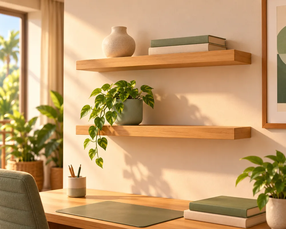 Cena 3D de prateleiras de madeira alinhadas, com livros, vaso e planta.